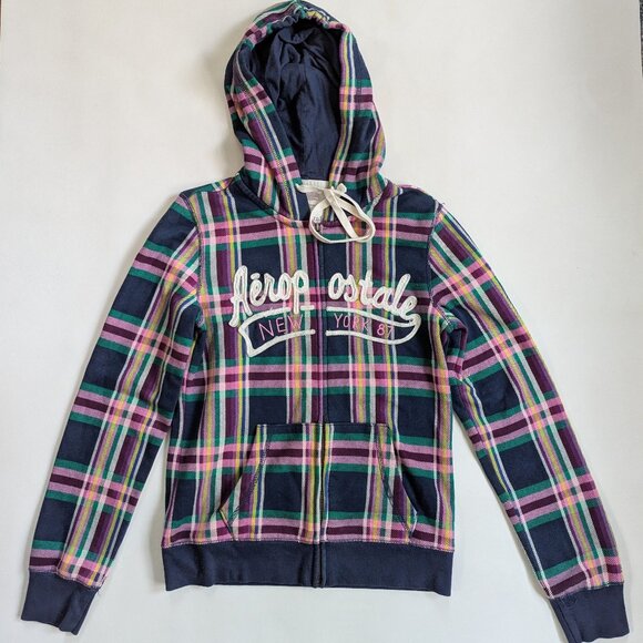 Aeropostale Junior Girls Hoodie Size M Blue Plaid Jacket Y2K - Picture 1 of 11